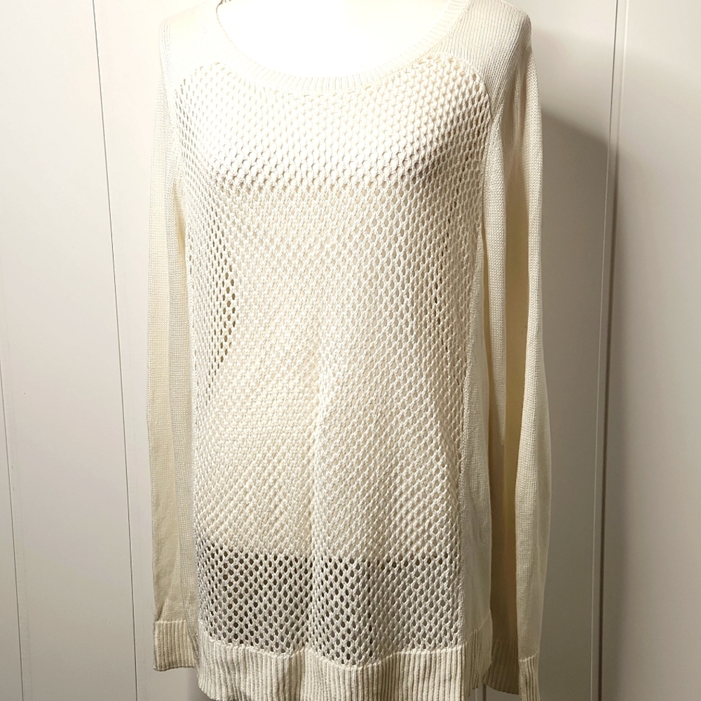 Ivory hollow out crochet knit beachy boho crewneck pullover sweater. Size xl - Picture 1 of 7